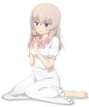  1girl bangs barefoot blue_eyes casual commentary dress eyebrows_visible_through_hair flower flower_request frilled_dress frills full_body girls_und_panzer holding itsumi_erika kemu_(guruguru_dan) long_hair parted_lips short_sleeves silver_hair simple_background sitting solo wariza white_background white_dress 