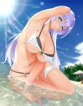  1girl arm_up armpits beach blue_eyes blush breasts cleavage closed_mouth collarbone commentary_request curvy day hair_between_eyes isabelle_(shadowverse) kitagawa_onitarou large_breasts long_hair looking_at_viewer multicolored_hair navel o-ring o-ring_bikini partially_submerged purple_hair shadowverse shiny shiny_skin sitting smile solo stomach sunlight two-tone_hair white_hair wide_hips yokozuwari 