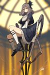  1girl black_shoes black_skirt capelet frilled_skirt frills full_body grey_hair high-waist_skirt insect_girl kneehighs lansane long_sleeves looking_at_viewer medium_hair original red_eyes shoes silk sitting skirt smile solo spider_girl spider_web strap white_legwear 