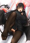  1girl bangs bed_sheet black_hair black_legwear blush breasts covering covering_crotch curvy demon_tail demon_wings dress eyebrows_visible_through_hair frilled_pillow frills green_eyes hair_between_eyes kitagawa_onitarou knee_up large_breasts long_hair looking_at_viewer lying on_back on_bed open_mouth original pantyhose pillow ribbed_sweater sharp_teeth solo sweater sweater_dress tail teeth thighband_pantyhose turtleneck turtleneck_sweater wings 