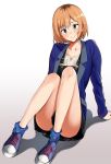  1girl blush brown_hair don_(don_0608) green_eyes jacket looking_at_viewer miyamori_aoi shirobako shoes short_hair shorts smile solo 