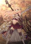 1girl armor black_legwear blonde_hair breasts eyebrows_visible_through_hair fantasy green_eyes highres holding holding_sword holding_weapon large_breasts long_hair looking_at_viewer navel open_mouth original red_skirt skirt solo sword teraguchi thigh-highs weapon 
