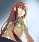  1girl between_breasts blue_eyes breasts brown_hair dress_shirt from_below large_breasts long_hair looking_to_the_side makise_kurisu necktie necktie_between_breasts parted_lips samonegi shirt solo steins;gate taut_clothes taut_shirt very_long_hair 