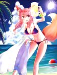  1girl absurdres animal_ears ball beach bikini blue_bikini breasts cleavage collarbone fang fate/extra fate/grand_order fate_(series) fox_ears fox_tail highres large_breasts long_hair looking_at_viewer navel ocean open_mouth outdoors palm_tree pink_hair shimodzuki_no_lapis solo sun swimsuit tail tamamo_(fate)_(all) tamamo_no_mae_(swimsuit_lancer)_(fate) tree water yellow_eyes 