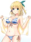  1girl absurdres aqua_eyes bikini blonde_hair bracelet breasts cleavage closed_mouth contrapposto cowboy_shot front-tie_bikini front-tie_top gluteal_fold hair_ribbon highres inanaki_shiki jewelry large_breasts navel one_side_up ribbon rokudenashi_majutsu_koushi_to_akashic_record rumia_tingel short_hair side-tie_bikini smile solo striped striped_bikini swimsuit towel tress_ribbon 