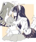  2girls akni animal_ears blush idolmaster idolmaster_cinderella_girls korean long_hair midriff multiple_girls shibuya_rin shimamura_uzuki tail tattoo translation_request wolf_ears wolf_tail yuri 