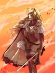  1girl blonde_hair breastplate cape curly_hair fire_emblem fire_emblem:_seisen_no_keifu highres holding holding_sword holding_weapon lachesis_(fire_emblem) long_hair outdoors pauldrons rapier skirt solo sunset sword tempe thigh-highs weapon 