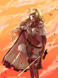  1girl blonde_hair breastplate cape curly_hair fire_emblem fire_emblem:_seisen_no_keifu highres holding holding_sword holding_weapon lachesis_(fire_emblem) long_hair outdoors pauldrons rapier skirt solo sunset sword tempe thigh-highs weapon 