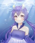  1girl blue_dress blue_hair blush dress highres keokz light_smile looking_at_viewer original smile solo twintails underwater water 