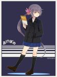  1970 1girl 2014 akebono_(kantai_collection) alternate_costume annin_musou bell casual coat commentary_request contemporary flower hair_bell hair_between_eyes hair_flower hair_ornament hand_in_pocket highres holding holding_paper jingle_bell kantai_collection long_hair long_sleeves looking_to_the_side paper pleated_skirt purple_hair shoes side_ponytail skirt socks solo translated violet_eyes 