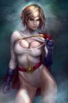  1girl belt blonde_hair blue_eyes breasts capelet cleavage cleavage_cutout clenched_hand contrapposto dc_comics freckles gloves highres olga_narhova power_girl short_hair smirk solo superman_(series) 