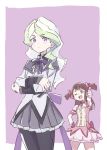  2girls akemi_homura akemi_homura_(cosplay) blonde_hair blue_eyes blush bow brown_hair cosplay diana_cavendish gloves hair_bow highres kagari_atsuko kaname_madoka kaname_madoka_(cosplay) little_witch_academia long_hair looking_at_viewer magical_girl mahou_shoujo_madoka_magica multiple_girls open_mouth pantyhose red_eyes ribbon skirt smile tama twintails witch 