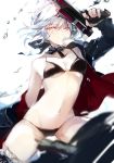  1girl artoria_pendragon_(all) artoria_pendragon_(swimsuit_rider_alter)_(fate) bikini black_bikini blurry breasts closed_mouth depth_of_field fate/grand_order fate_(series) finger_on_trigger fukuda935 gun handgun holding holding_gun holding_weapon hood hoodie maid_bikini maid_headdress navel one_eye_closed open_clothes open_hoodie pistol saber_alter silver_hair small_breasts solo swimsuit thighs water_drop weapon yellow_eyes 