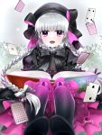  1girl :d alice_in_wonderland artist_name black_dress blush book bow braid card dress fate/extra fate/grand_order fate_(series) hair_bow long_hair looking_at_viewer mo253 nursery_rhyme_(fate/extra) open_mouth playing_card silver_hair smile star twin_braids violet_eyes 
