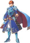  1boy armor blue_eyes cape durrandal eliwood_(fire_emblem) fire_emblem fire_emblem:_rekka_no_ken fire_emblem_heroes full_body highres looking_at_viewer male_focus miyuu official_art redhead short_hair smile sword weapon 