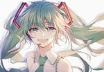  1girl bare_shoulders blue_eyes blue_hair blue_necktie blush crying crying_with_eyes_open eyebrows_visible_through_hair hatsune_miku headset lococo:p long_hair looking_at_viewer necktie open_mouth smile solo tears twintails upper_body vocaloid 