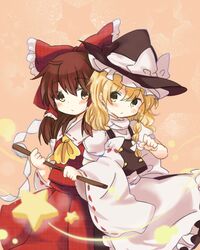  2girls :&lt; apron ascot blonde_hair blush bow brown_eyes brown_hair cocked_eyebrow detached_sleeves gohei hair_bow hair_tubes hakurei_reimu hat highres kirisame_marisa kototoki large_bow leaning_on_person locked_arms long_hair long_skirt multiple_girls skirt star touhou turtleneck vest waist_apron witch_hat yellow_ascot yellow_eyes 