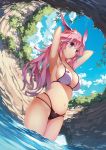  1girl animal_ears armpits arms_up benghuai_xueyuan bikini black_bikini_bottom blush breasts cowboy_shot derivative_work dutch_angle fisheye hair_ornament highres honkai_impact kanzaki_nice large_breasts long_hair multi-strapped_bikini navel o-ring_bikini o-ring_top outdoors parted_lips pink_hair solo strap_gap swimsuit violet_eyes wading white_bikini_top yae_sakura_(benghuai_xueyuan) 