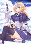  1girl absurdres armor black_legwear blonde_hair blue_eyes braid breasts eyebrows_visible_through_hair fate/apocrypha fate/extella fate/extra fate/grand_order fate_(series) gu_li headpiece highres holding holding_sword holding_weapon large_breasts long_hair looking_at_viewer parted_lips ruler_(fate/apocrypha) sitting solo sword thigh-highs weapon 
