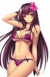  1girl bikini blush bracelet breasts cleavage fate/grand_order fate_(series) flower hair_flower hair_ornament hibiscus highres jewelry large_breasts long_hair looking_at_viewer navel purple_hair red_eyes scathach_(fate/grand_order) scathach_(swimsuit_assassin)_(fate) smile solo swimsuit takanashi-a 