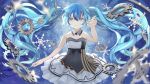  1girl arm_up blue_hair choker eyebrows_visible_through_hair floating_hair grey_eyes hair_between_eyes hatsune_miku kari_kenji long_hair looking_at_viewer skirt sleeveless smile solo strapless twintails very_long_hair vocaloid white_skirt 