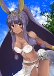  1girl bending_forward bent_over blush breasts cleavage eyebrows_visible_through_hair fate/grand_order fate_(series) large_breasts long_hair looking_at_viewer navel nitocris_(fate/grand_order) nitocris_(swimsuit_assassin)_(fate) noa_(nagareboshi) parted_lips purple_hair smile solo violet_eyes 