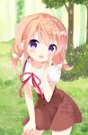  1girl alternate_hairstyle bangs blush bow breasts brown_skirt bush collarbone collared_shirt commentary_request cowboy_shot day eyebrows_visible_through_hair gochuumon_wa_usagi_desu_ka? grass hair_bow hand_on_own_face hand_on_own_leg highres hoto_cocoa long_hair looking_at_viewer massala neck_ribbon open_mouth orange_hair outdoors puffy_short_sleeves puffy_sleeves red_ribbon ribbon shirt short_sleeves skirt small_breasts solo standing suspender_skirt suspenders tree twintails white_bow wing_collar 