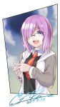  1girl absurdres blush cototiworld dated eyebrows_visible_through_hair fate/grand_order fate_(series) glasses hair_over_one_eye highres looking_at_viewer necktie open_mouth purple_hair red_necktie shielder_(fate/grand_order) short_hair signature smile solo teeth upper_body violet_eyes 