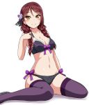  1girl alternate_hairstyle black_shoes blush bow bra braid breasts cleavage commentary_request flower front-tie_top hair_flower hair_ornament hair_over_shoulder lingerie long_hair looking_at_viewer love_live! love_live!_sunshine!! medium_breasts midriff navel panties purple_bow redhead sakurauchi_riko shoes side-tie_panties simple_background sitting smile solo thigh-highs twin_braids underwear underwear_only wariza white_background yellow_eyes yopparai_oni 