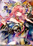  1girl animal_ears bell blush breasts cleavage eyebrows_visible_through_hair fate/grand_order fate_(series) fox_ears heco_(mama) large_breasts long_hair looking_at_viewer parted_lips pink_hair smile solo tamamo_(fate)_(all) tamamo_no_mae_(fate) yellow_eyes 