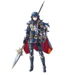  1girl alternate_costume armor blue_eyes blue_hair fire_emblem fire_emblem:_kakusei fire_emblem_heroes kozaki_yuusuke looking_at_viewer lucina official_art polearm shield simple_background smile solo spear standing tiara weapon white_background 