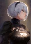  1girl black_dress blue_eyes breasts cleavage dress hairband nier_(series) nier_automata short_hair solo stellarism white_hair yorha_no._2_type_b 