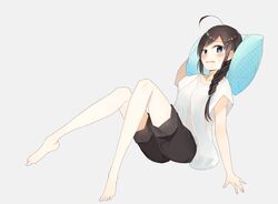  1girl ahoge barefoot blue_eyes blush brown_hair collarbone eyebrows_visible_through_hair highres kantai_collection long_hair looking_at_viewer parted_lips pillow shigure_(kantai_collection) shirt solo sweatdrop unajuu_(set_mk) white_shirt 