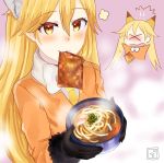  1girl :3 ancolatte_(onikuanco) animal_ears blonde_hair blush bowl chibi chibi_inset closed_mouth eyebrows_visible_through_hair ezo_red_fox_(kemono_friends) food fox_ears holding holding_bowl kemono_friends long_hair looking_at_viewer mouth_hold necktie noodles smile solo soup yellow_necktie 