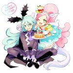  1boy 1girl ;d animal_ears blue_eyes blue_hair brother_and_sister choker cure_parfait dual_persona earrings elbow_gloves female food_themed_hair_ornament gloves green_eyes hair_ornament happy_birthday heart horse_ears horse_tail houhou_(black_lack) indian_style jewelry julio_(precure) kirahoshi_ciel kirakira_precure_a_la_mode kirarin_(precure) magical_girl male one_eye_closed open_mouth pastry pikario_(precure) pink_hair plate precure siblings sitting smile star star-shaped_pupils symbol-shaped_pupils tail v white_gloves wings 