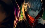  1boy 1girl black_hair blue_eyes blurry blurry_background face_mask fisheye_placebo frey_(fisheye_placebo) highres hood hoodie looking_at_another mask multicolored_hair night open_mouth pink_hair short_hair silver_hair two-tone_hair wenqing_yan 