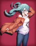  1girl bare_shoulders blue_eyes blue_hair bra_strap closed_mouth collarbone denim earrings eyebrows_visible_through_hair h2o_(dfo) hatsune_miku highres jeans jewelry long_hair looking_at_viewer off_shoulder pants solo twintails vocaloid 
