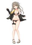  absurdres breasts cleavage collarbone girls_frontline grey_hair groin highres ivan_wang jacket jacket_over_swimsuit long_hair looking_at_viewer navel open_mouth sandals solo swimsuit ump40_(girls_frontline) white_background yellow_eyes 