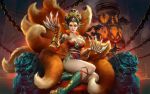  1girl black_hair boots breasts chains chinese_clothes claw_(weapon) cleavage da_ji_(smite) earrings facial_mark forehead_mark fox_tail gloves hair_bun hair_ornament hair_stick jewelry kyuubi large_breasts lipstick makeup multiple_tails official_art orange_eyes simon_eckert sitting smite solo tail weapon 