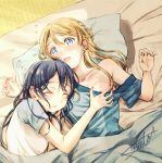  2girls ayase_eli bangs blonde_hair blue_eyes blue_hair blue_shirt blush breast_grab collarbone flying_sweatdrops futon grabbing hair_down long_hair love_live! love_live!_school_idol_project lying multiple_girls off-shoulder_shirt on_back on_side open_mouth pillow shirt signature sleeping smile sonoda_umi suito under_covers yuri 