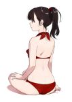  1girl ass bikini black_hair closed_mouth commentary_request from_behind full_body halter_top halterneck high_ponytail kawai_makoto original red_bikini shiny shiny_hair simple_background sitting solo swimsuit white_background 