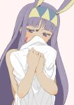  1girl absurdres animal_ears blush commentary_request dark_skin donguri_suzume facial_mark fate/grand_order fate_(series) highres long_hair nitocris_(fate/grand_order) nude purple_hair rabbit_ears sidelocks simple_background smelling solo very_long_hair violet_eyes white_background 