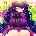  1girl ? ahoge al_bhed_eyes arms_at_sides blue_eyes blush breasts gengar gradient_eyes hairband hakkasame hex_maniac_(pokemon) kneeling large_breasts long_hair looking_at_viewer messy_hair mimikyu multicolored multicolored_eyes plump pokemon purple_hair ribbed_sweater smile sweater thighs violet_eyes wavy_mouth 