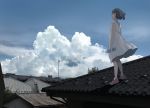  1girl bare_arms black_hair blue_sky bottle clouds day dress from_behind holding holding_bottle pomodorosa rooftop scenery shoes short_hair sky solo standing town tree water_bottle white_dress 