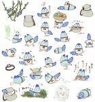  artist_request backpack bag bowl bucket_hat entangled food frozen grass hat hat_feather hologram ice in_bag in_container in_hat japari_bun jumping kemono_friends leaf lucky_beast_(kemono_friends) mirai_(kemono_friends) multiple_views no_humans object_on_head plant source_request steering_wheel striped_tail trembling upside-down vines weeding 