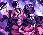  1boy 1girl 1other alternate_costume alternate_hair_length alternate_hairstyle android artist_name black_hair dress extra_eyes fan formal hat highres insect_girl mettaton mettaton_ex monster_girl muffet multiple_arms papyrus_(undertale) rotodisk scarf skeleton suit sunglasses top_hat undertale 