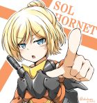  &gt;:o 1girl :o armor artist_name blonde_hair blue_eyes character_name doll_joints eyebrows_visible_through_hair mecha_musume megami_device okutama_tarou pointing pointing_at_viewer short_hair simple_background sol_hornet 