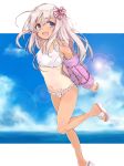  1girl :d bikini bikini_skirt blonde_hair blue_eyes full_body hair_ribbon kantai_collection long_hair looking_at_viewer nontraditional_school_swimsuit one-piece_tan open_mouth pink_jacket ribbon ro-500_(kantai_collection) sandals school_swimsuit smile solo standing standing_on_one_leg swimsuit tan tanline white_bikini white_school_swimsuit white_swimsuit yumesato_makura 