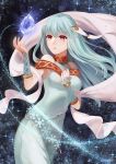  1girl bare_shoulders blue_hair cape dress fire_emblem fire_emblem:_rekka_no_ken fire_emblem_heroes hair_ornament long_hair ninian open_mouth red_eyes silver_hair smile solo 