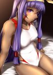  .ronde 1girl bangs blush breasts dark_skin earrings facial_mark fate/grand_order fate_(series) highres jewelry long_hair looking_at_viewer nitocris_(fate/grand_order) nitocris_(swimsuit_assassin)_(fate) one-piece_swimsuit purple_hair solo swimsuit violet_eyes 